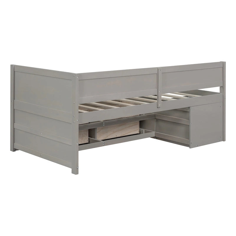 Lit de repos gigogne simple avec 4 tiroirs et 3 étagères ouvertes, support à lattes en bois