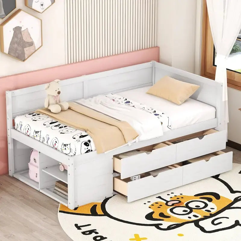 Lit de repos gigogne simple avec 4 tiroirs et 3 étagères ouvertes, support à lattes en bois