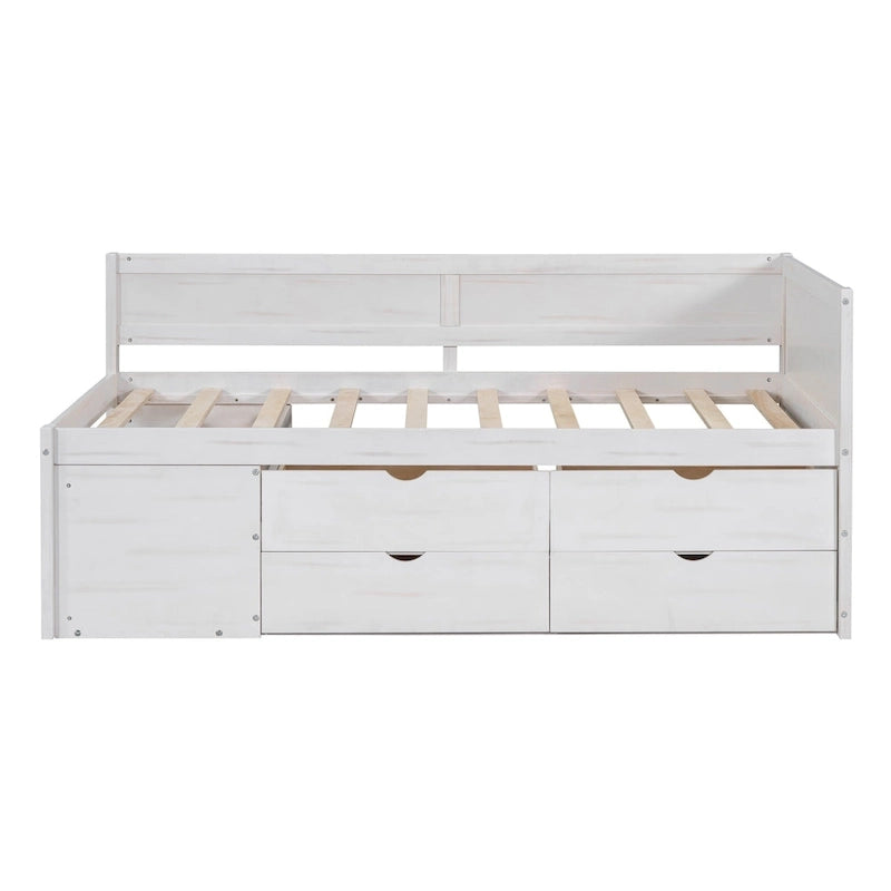 Lit de repos gigogne simple avec 4 tiroirs et 3 étagères ouvertes, support à lattes en bois