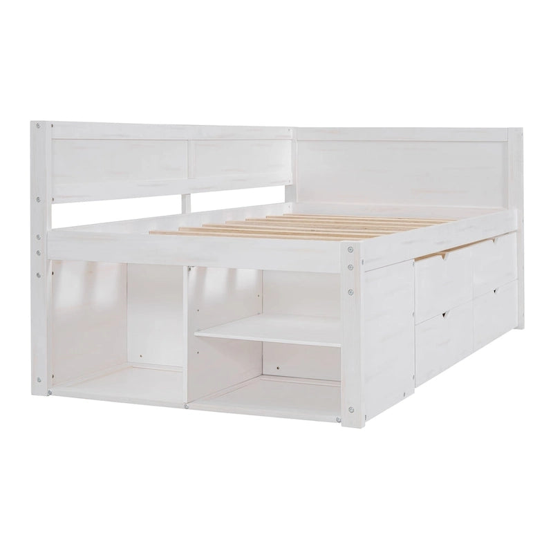 Lit de repos gigogne simple avec 4 tiroirs et 3 étagères ouvertes, support à lattes en bois