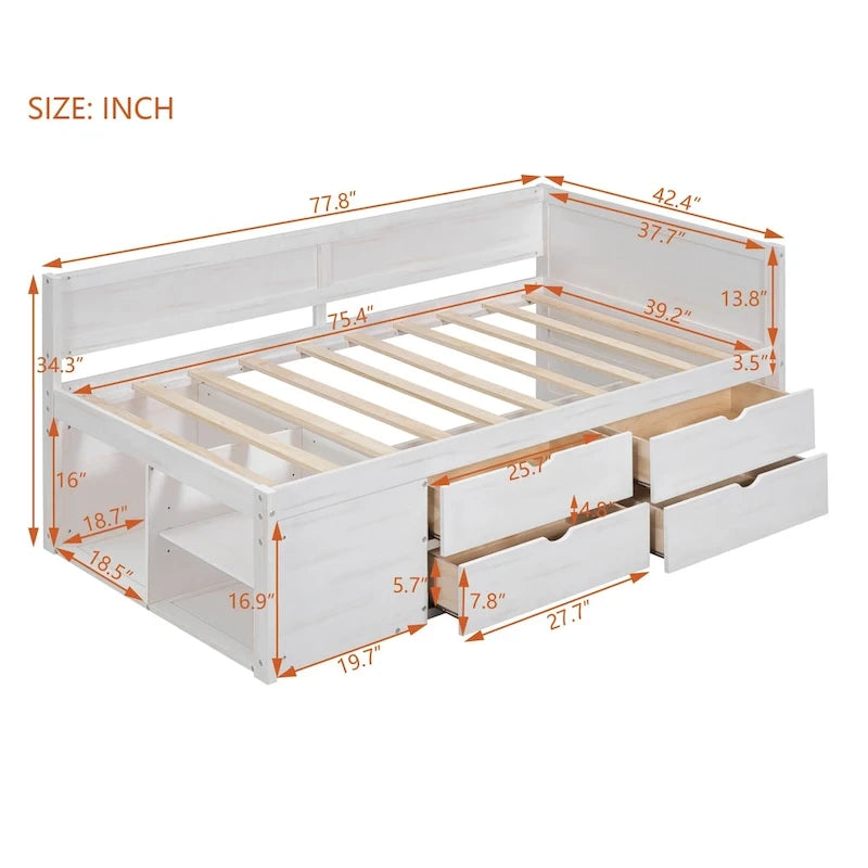 Lit de repos gigogne simple avec 4 tiroirs et 3 étagères ouvertes, support à lattes en bois