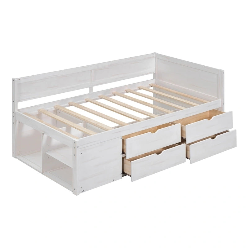 Lit de repos gigogne simple avec 4 tiroirs et 3 étagères ouvertes, support à lattes en bois
