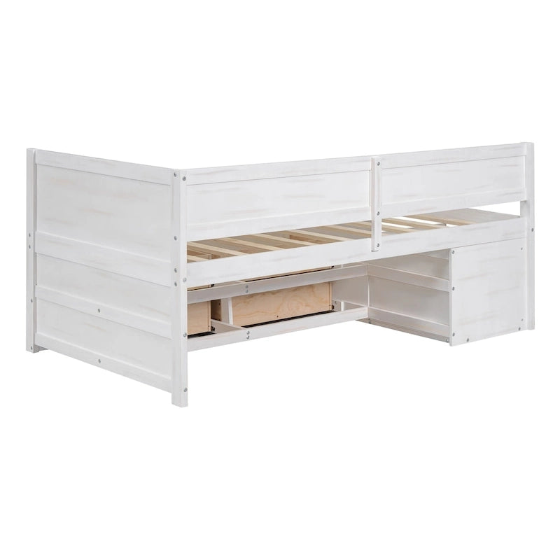 Lit de repos gigogne simple avec 4 tiroirs et 3 étagères ouvertes, support à lattes en bois