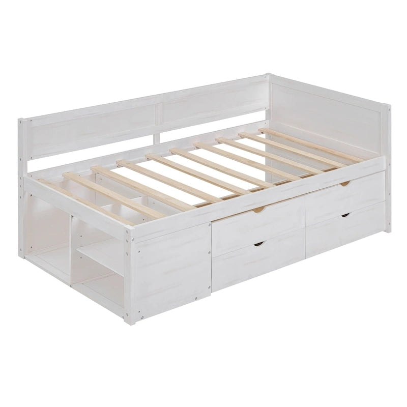 Lit de repos gigogne simple avec 4 tiroirs et 3 étagères ouvertes, support à lattes en bois