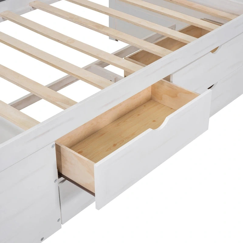 Lit de repos gigogne simple avec 4 tiroirs et 3 étagères ouvertes, support à lattes en bois
