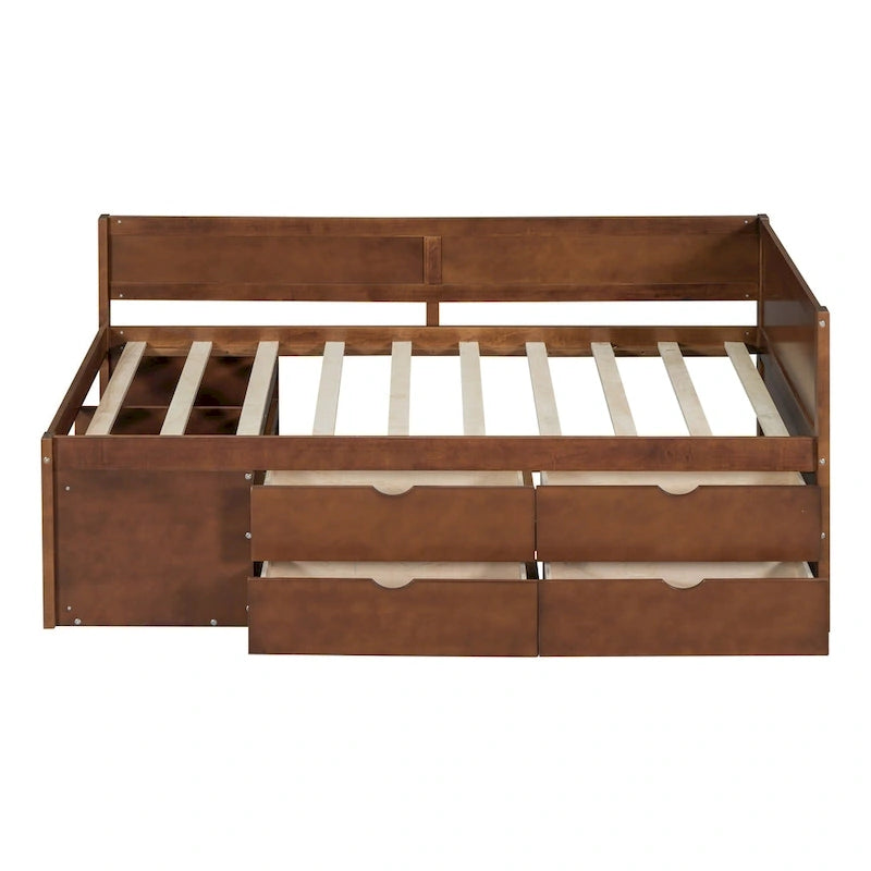 Lit de repos gigogne simple avec 4 tiroirs et 3 étagères ouvertes, support à lattes en bois