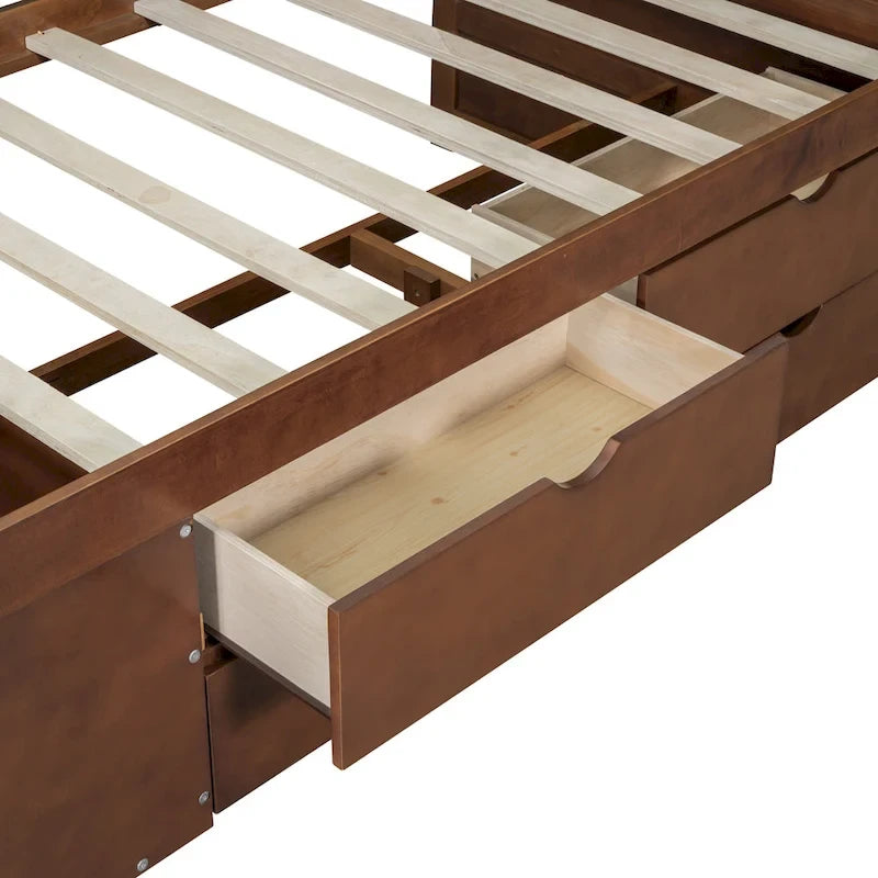 Lit de repos gigogne simple avec 4 tiroirs et 3 étagères ouvertes, support à lattes en bois