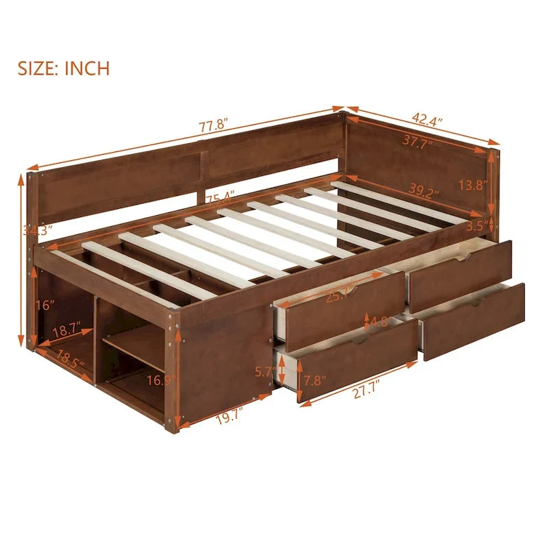 Lit de repos gigogne simple avec 4 tiroirs et 3 étagères ouvertes, support à lattes en bois