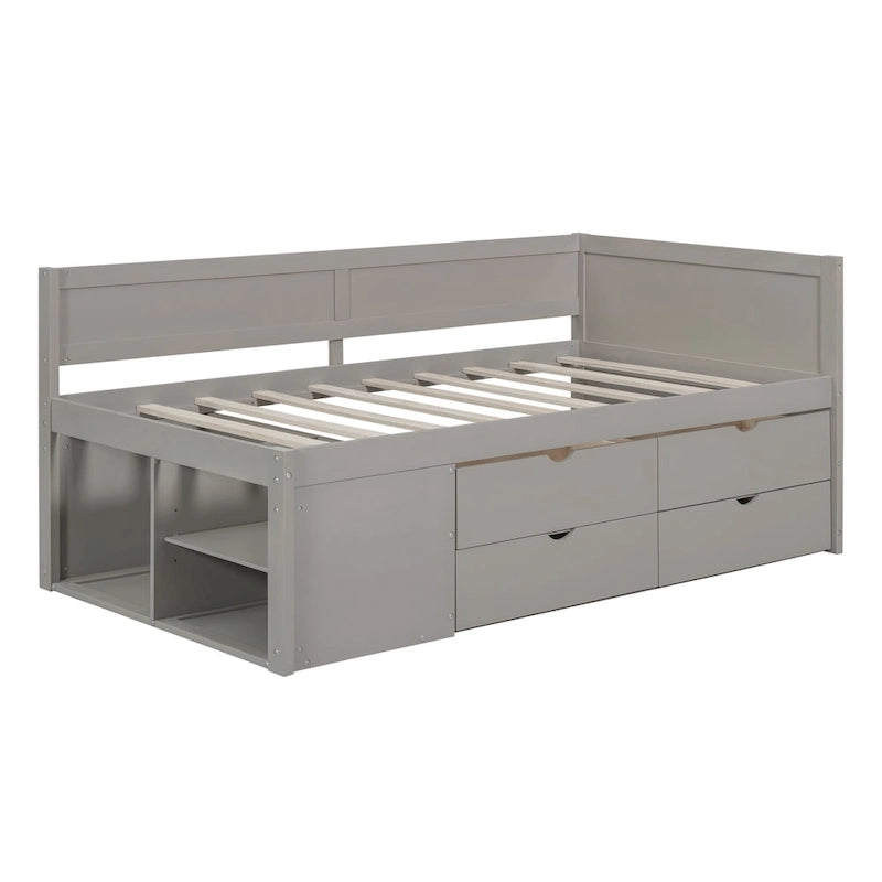 Lit de repos gigogne simple avec 4 tiroirs et 3 étagères ouvertes, support à lattes en bois