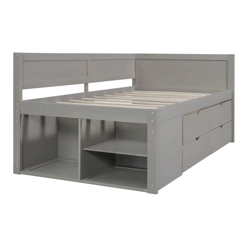 Lit de repos gigogne simple avec 4 tiroirs et 3 étagères ouvertes, support à lattes en bois