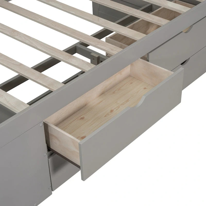 Lit de repos gigogne simple avec 4 tiroirs et 3 étagères ouvertes, support à lattes en bois