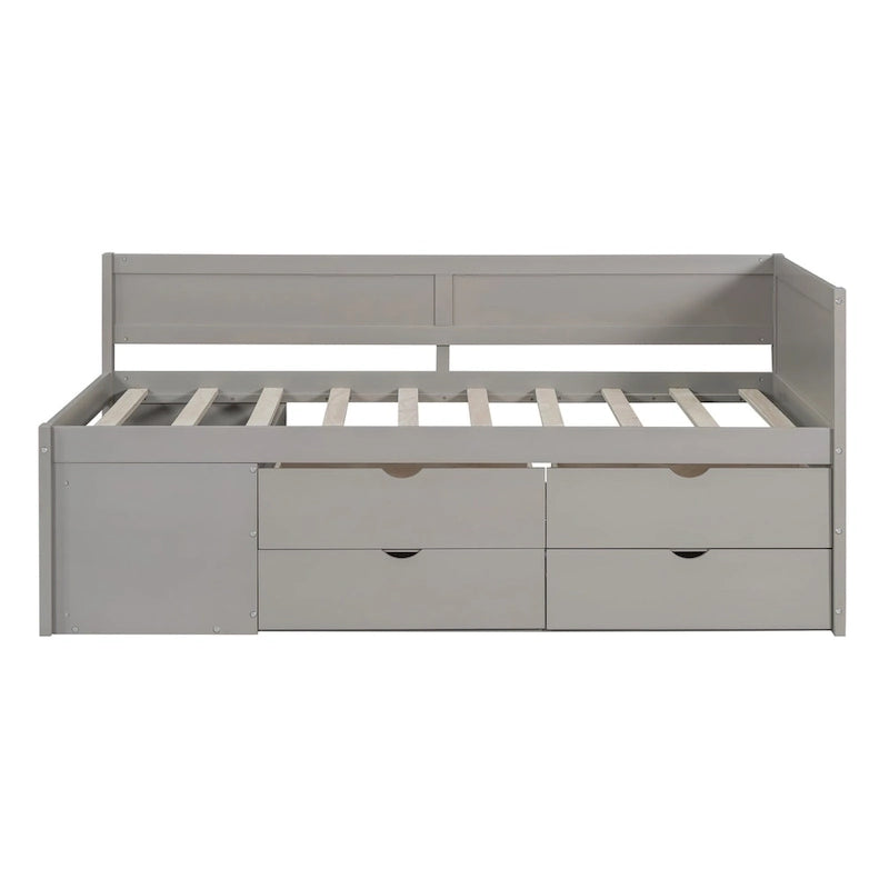 Lit de repos gigogne simple avec 4 tiroirs et 3 étagères ouvertes, support à lattes en bois