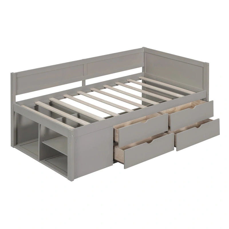 Lit de repos gigogne simple avec 4 tiroirs et 3 étagères ouvertes, support à lattes en bois