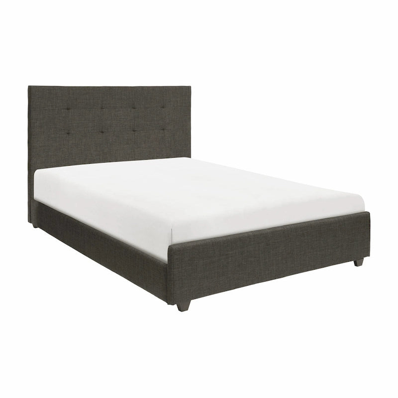 Lit plateforme California King avec tête de lit capitonnée, cadre en bois massif gris