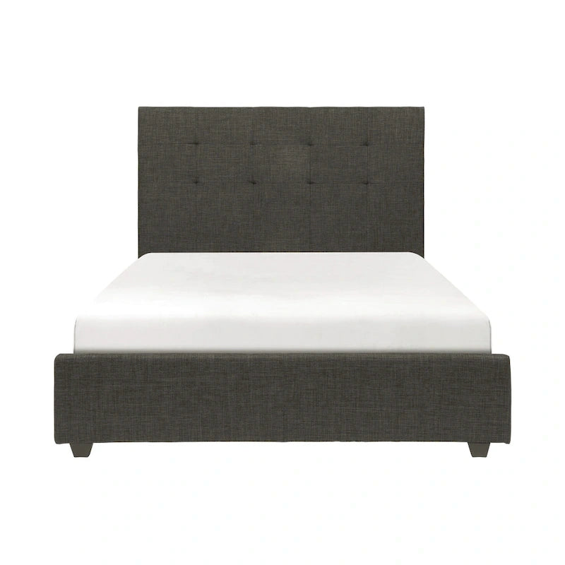 Lit plateforme California King avec tête de lit capitonnée, cadre en bois massif gris