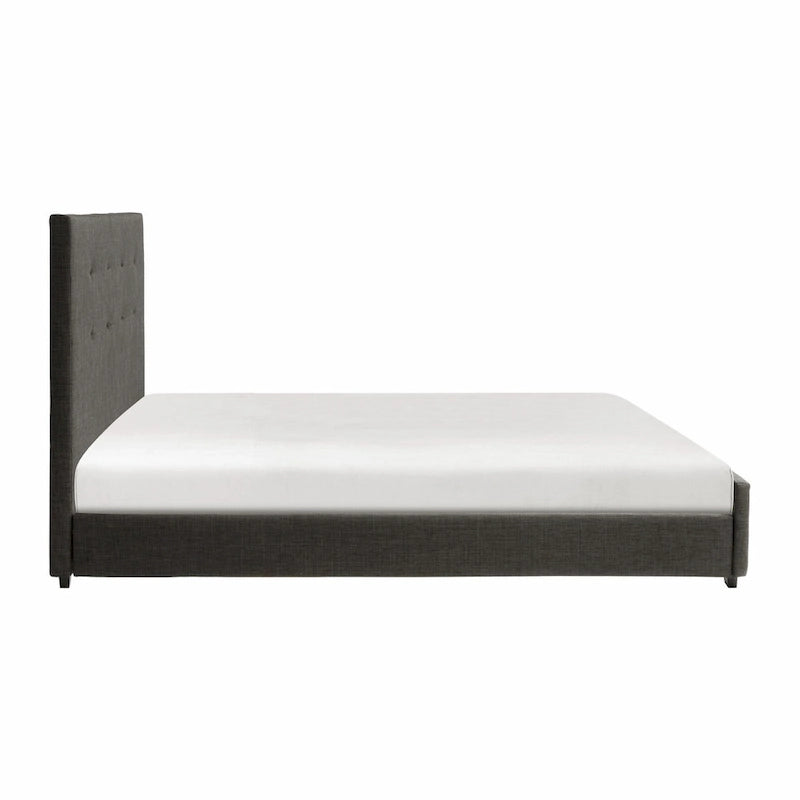 Lit plateforme California King avec tête de lit capitonnée, cadre en bois massif gris