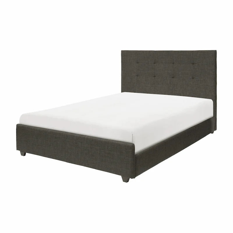 Lit plateforme California King avec tête de lit capitonnée, cadre en bois massif gris