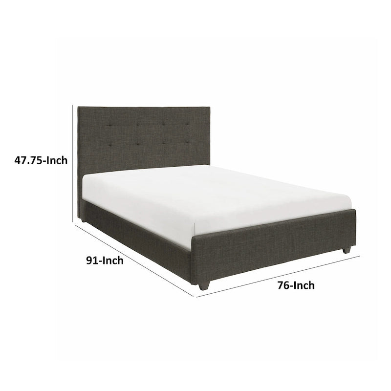 Lit plateforme California King avec tête de lit capitonnée, cadre en bois massif gris