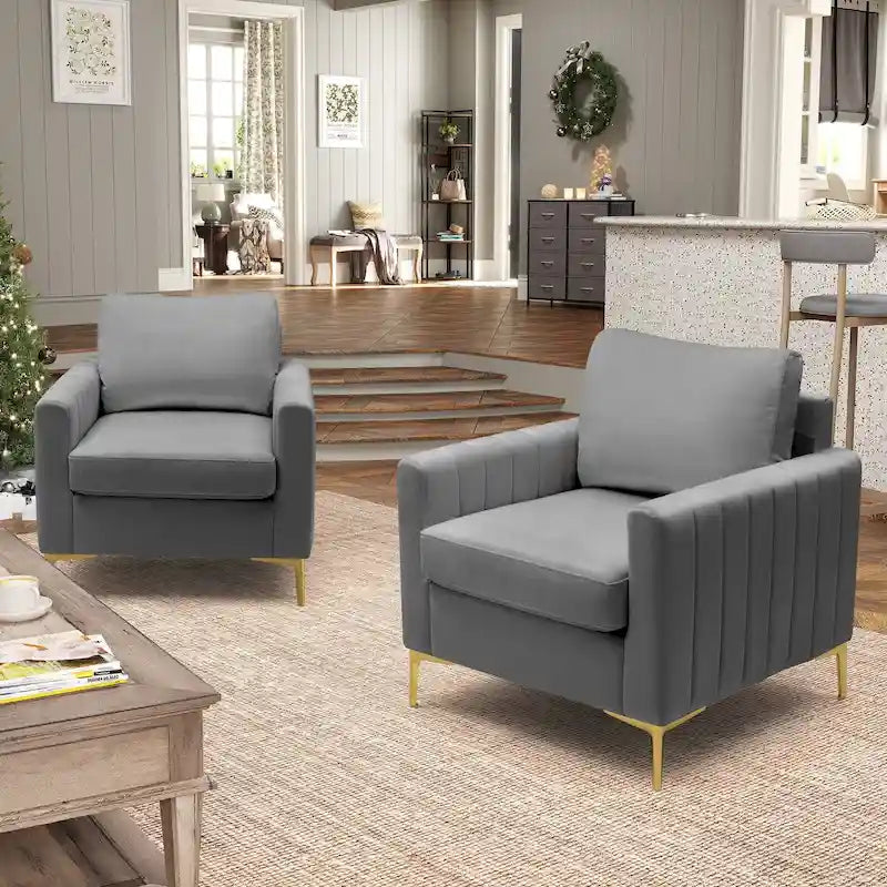 Fauteuil d'appoint en velours avec côtés matelassés en capitonnage vertical et coussins amovibles (unité/lot de 2)
