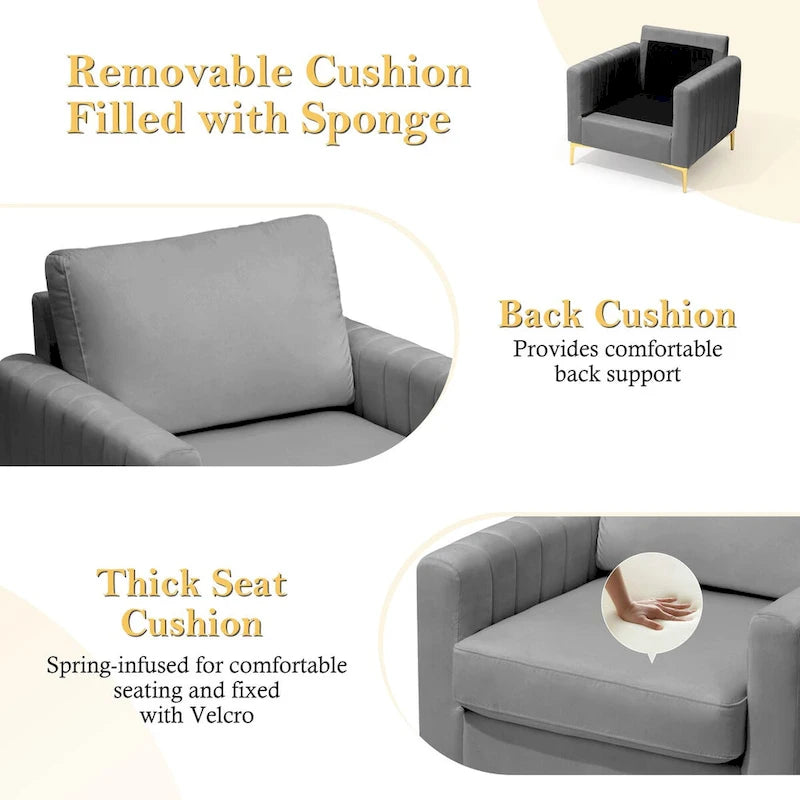 Fauteuil d'appoint en velours avec côtés matelassés en capitonnage vertical et coussins amovibles (unité/lot de 2)