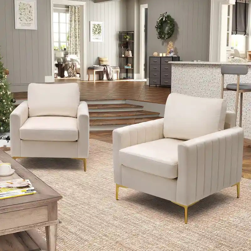 Fauteuil d'appoint en velours avec côtés matelassés en capitonnage vertical et coussins amovibles (unité/lot de 2)