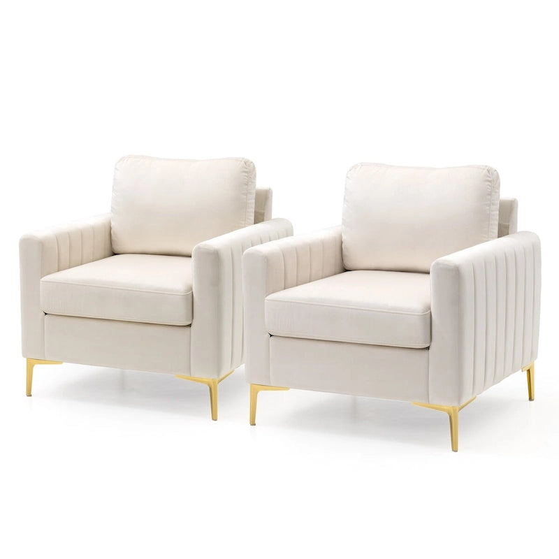 Fauteuil d'appoint en velours avec côtés matelassés en capitonnage vertical et coussins amovibles (unité/lot de 2)