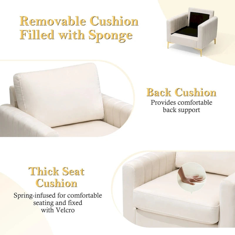 Fauteuil d'appoint en velours avec côtés matelassés en capitonnage vertical et coussins amovibles (unité/lot de 2)