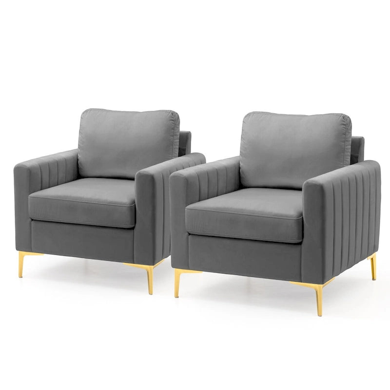 Fauteuil d'appoint en velours avec côtés matelassés en capitonnage vertical et coussins amovibles (unité/lot de 2)