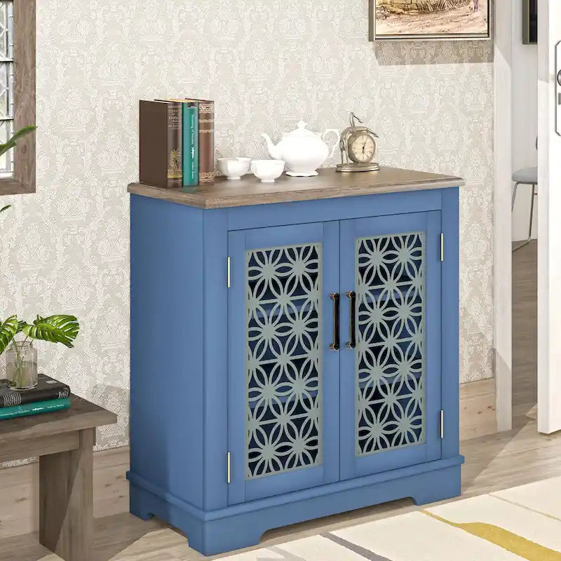 Buffet bas de rangement 2 portes avec portes à treillis décoratif, 80 cm de large