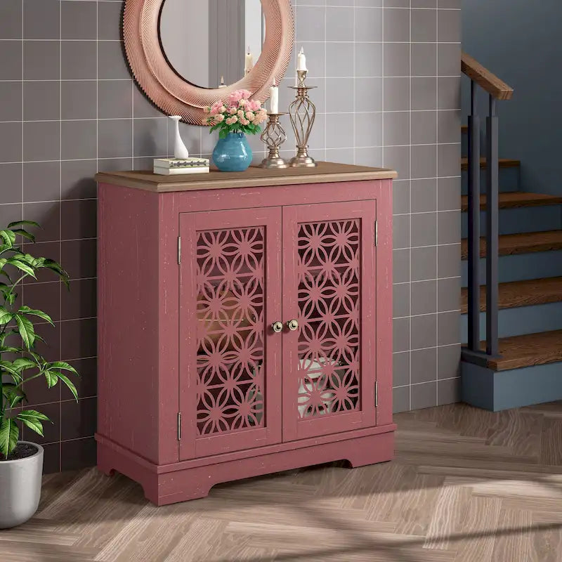 Buffet bas de rangement 2 portes avec portes à treillis décoratif, 80 cm de large