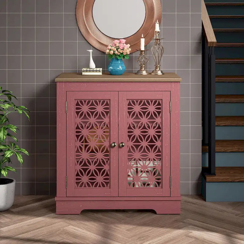 Buffet bas de rangement 2 portes avec portes à treillis décoratif, 80 cm de large