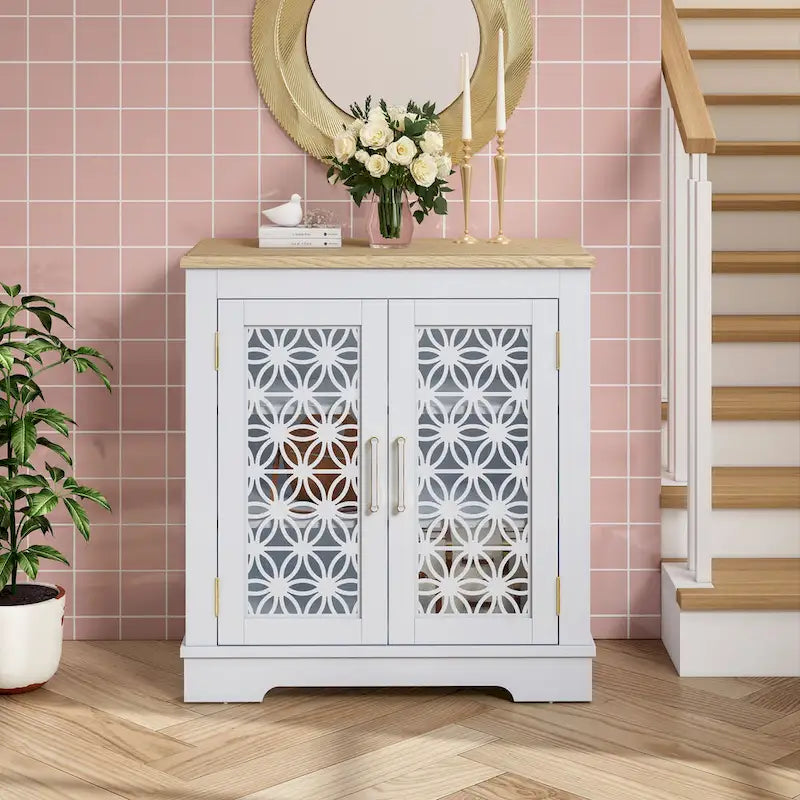 Buffet bas de rangement 2 portes avec portes à treillis décoratif, 80 cm de large