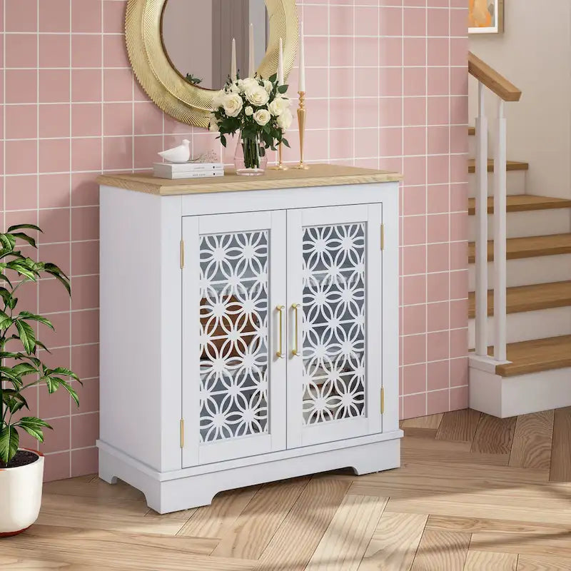 Buffet bas de rangement 2 portes avec portes à treillis décoratif, 80 cm de large