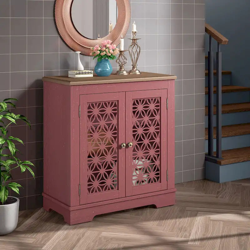 Buffet bas de rangement 2 portes avec portes à treillis décoratif, 80 cm de large
