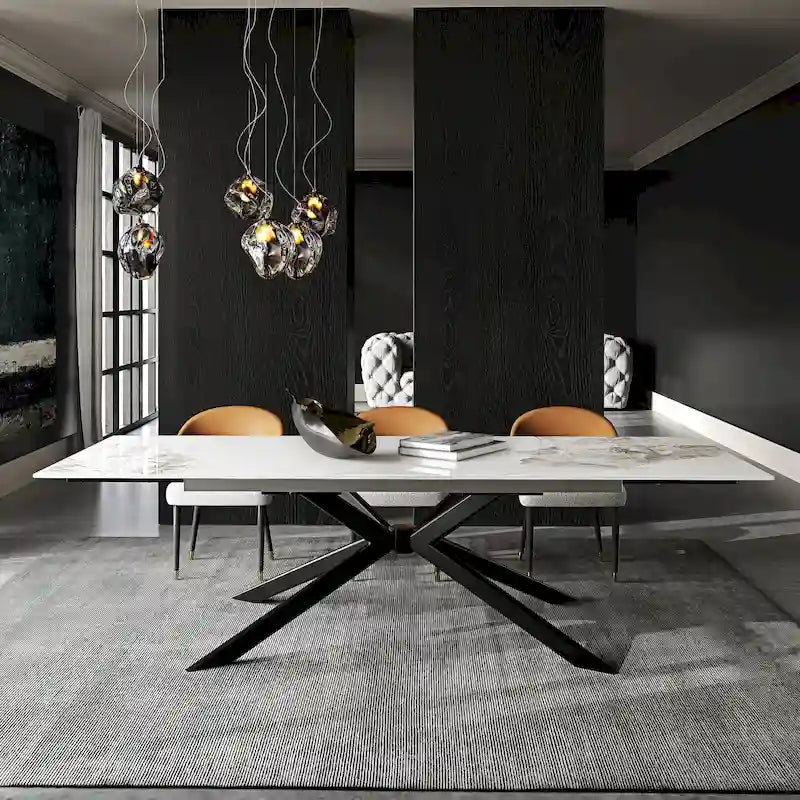 Table à manger extensible en pierre frittée, 200–280 cm, 8 à 10 places, piètement en métal en croix