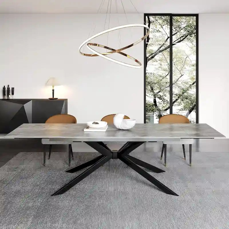 Table à manger extensible en pierre frittée, 200–280 cm, 8 à 10 places, piètement en métal en croix