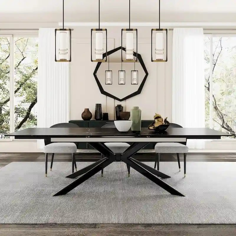 Table à manger extensible en pierre frittée, 200–280 cm, 8 à 10 places, piètement en métal en croix
