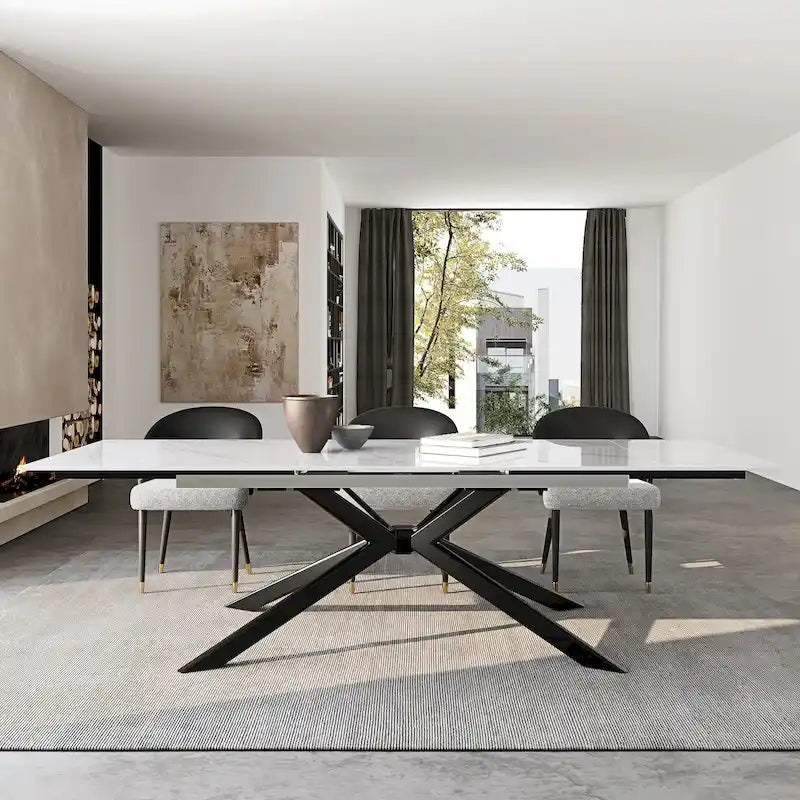 Table à manger extensible en pierre frittée, 200–280 cm, 8 à 10 places, piètement en métal en croix