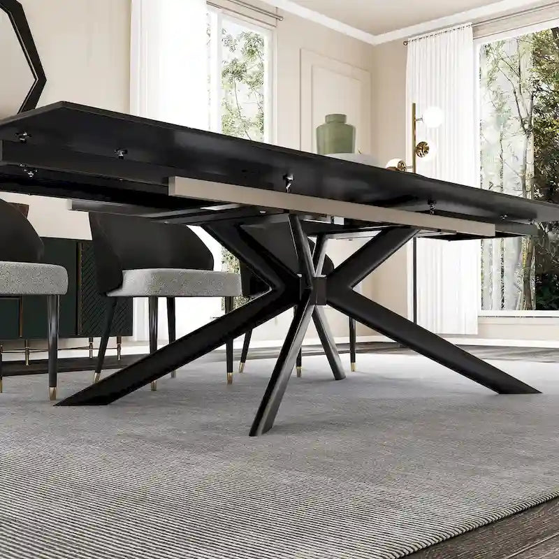Table à manger extensible en pierre frittée, 200–280 cm, 8 à 10 places, piètement en métal en croix
