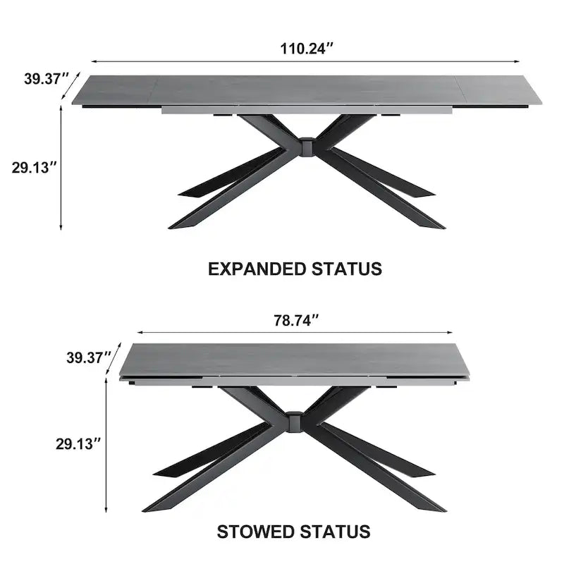 Table à manger extensible en pierre frittée, 200–280 cm, 8 à 10 places, piètement en métal en croix