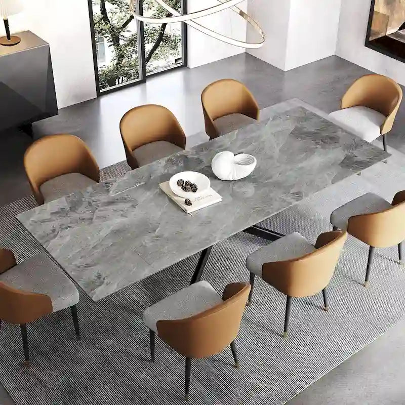 Table à manger extensible en pierre frittée, 200–280 cm, 8 à 10 places, piètement en métal en croix