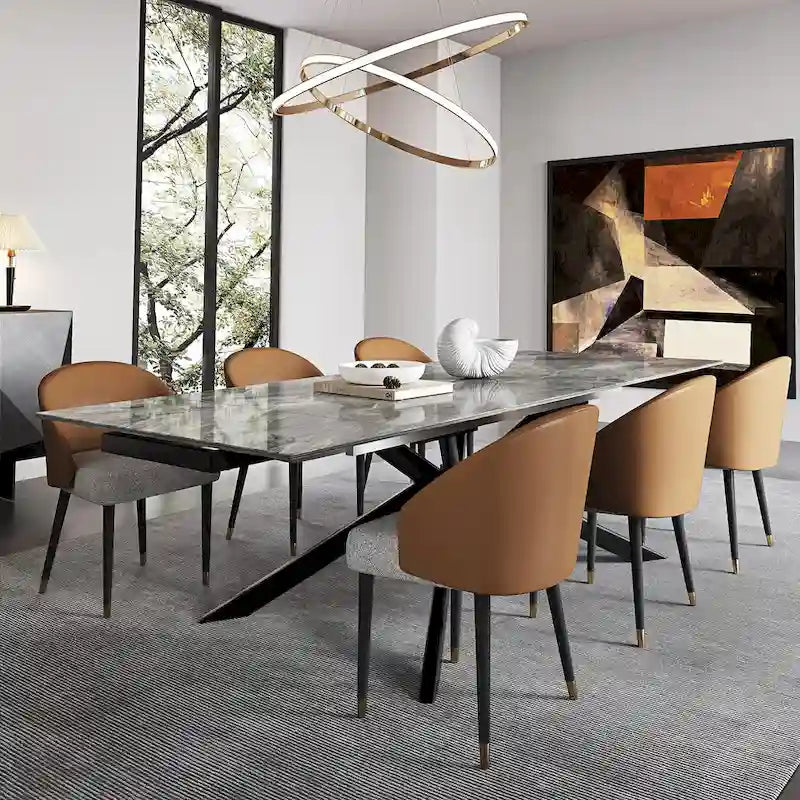 Table à manger extensible en pierre frittée, 200–280 cm, 8 à 10 places, piètement en métal en croix