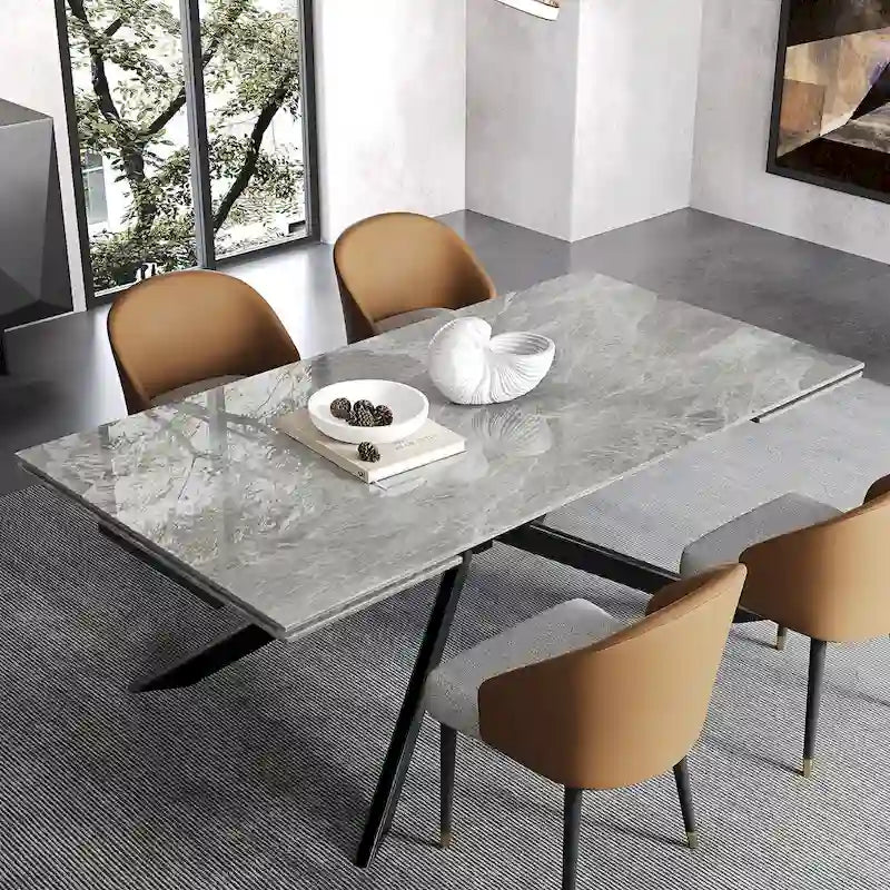 Table à manger extensible en pierre frittée, 200–280 cm, 8 à 10 places, piètement en métal en croix