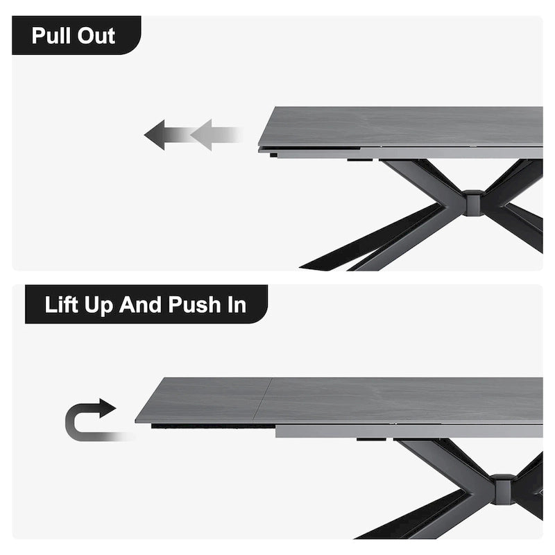 Table à manger extensible en pierre frittée, 200–280 cm, 8 à 10 places, piètement en métal en croix