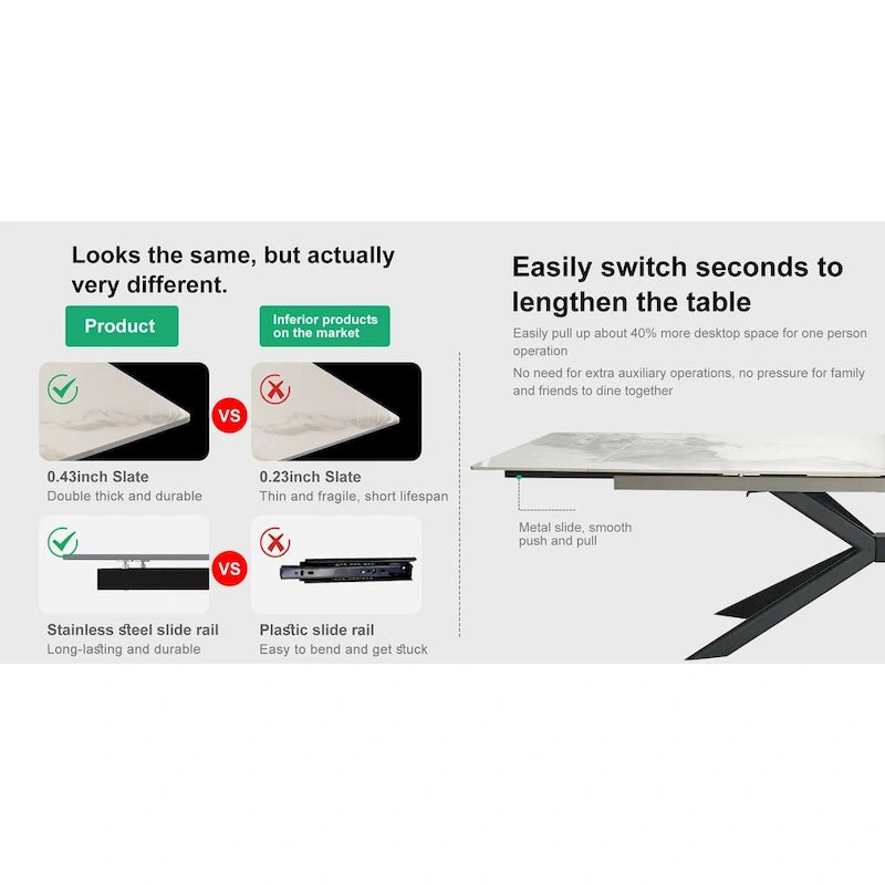 Table à manger extensible en pierre frittée, 200–280 cm, 8 à 10 places, piètement en métal en croix