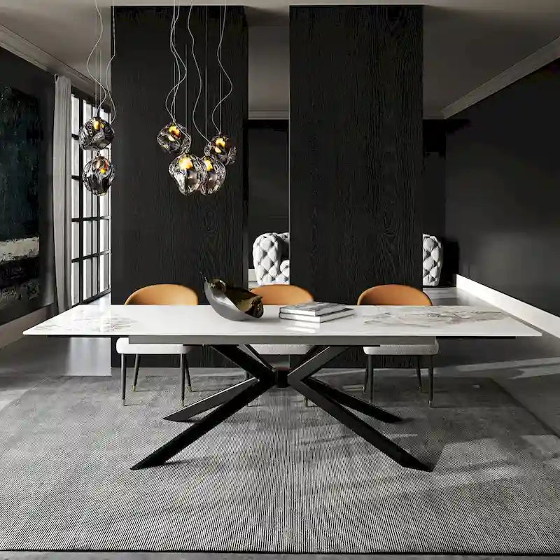 Table à manger extensible en pierre frittée, 200–280 cm, 8 à 10 places, piètement en métal en croix