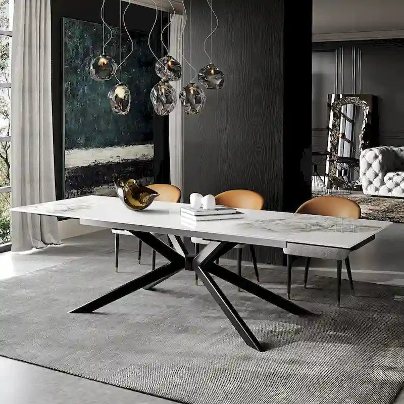 Table à manger extensible en pierre frittée, 200–280 cm, 8 à 10 places, piètement en métal en croix