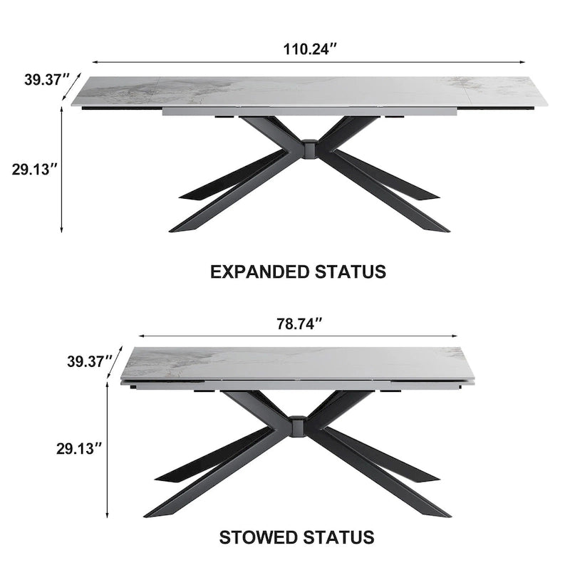 Table à manger extensible en pierre frittée, 200–280 cm, 8 à 10 places, piètement en métal en croix