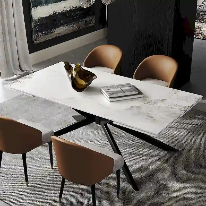 Table à manger extensible en pierre frittée, 200–280 cm, 8 à 10 places, piètement en métal en croix