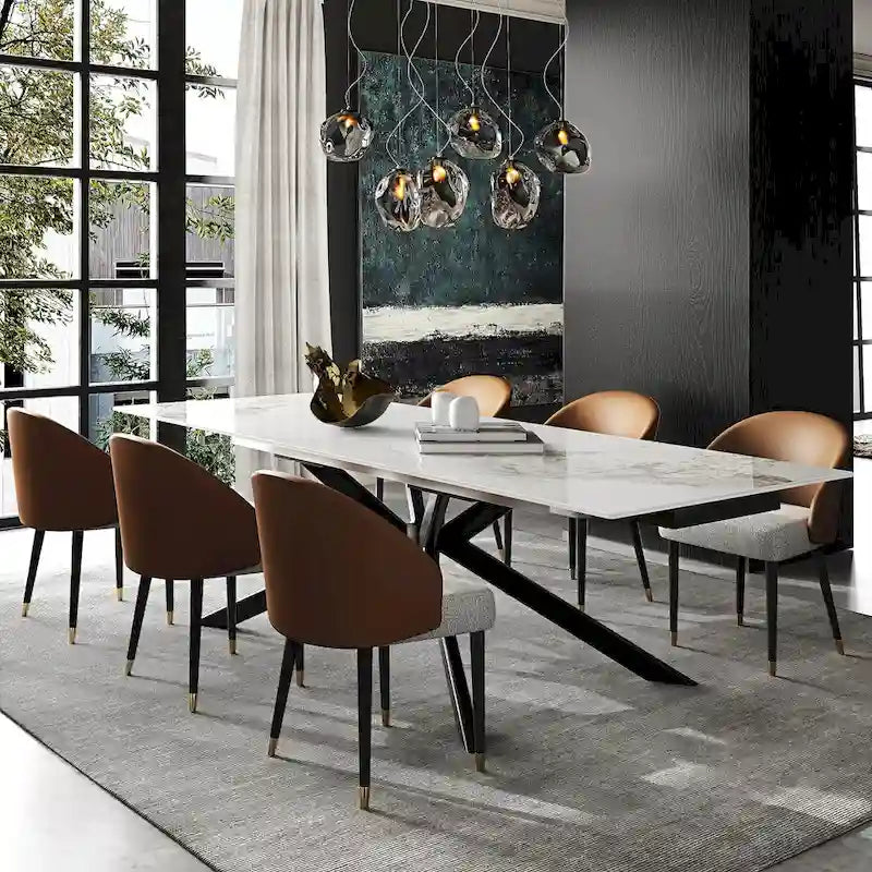 Table à manger extensible en pierre frittée, 200–280 cm, 8 à 10 places, piètement en métal en croix